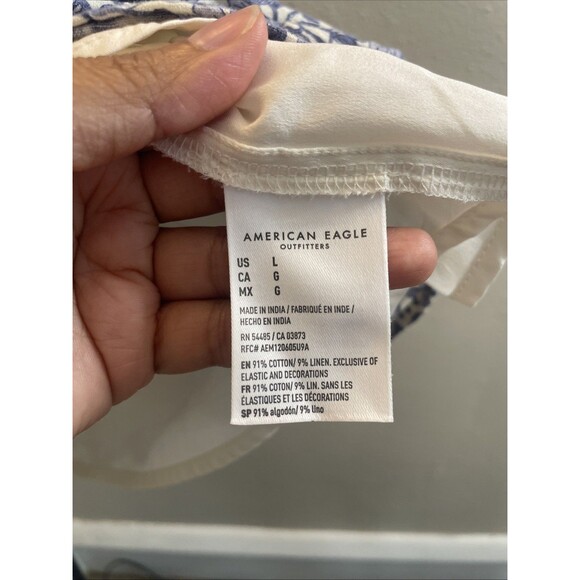 American Eagle Strapless Floral Mini Dress Cotton Linen Blend Womens Large Blue - Picture 5 of 6